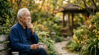 Senior Asian man in casual blue shirt sitting thoughtfully in lush garden setting, contemplative pose with hand to chin, surrounded by green foliage and blurred architectural background, suitable for wellness, aging, lifestyle and mindfulness concepts.