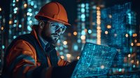 Construction engineer in orange safety helmet analyzing digital blueprints on transparent tablet against illuminated data center background.