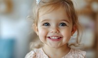 Smiling Caucasian toddler girl with blue eyes and blonde hair wearing pink lace dress against soft blurred background.