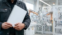 Male technician in dark work uniform holding blank spiral notebook in modern industrial manufacturing facility with robotic equipment and machinery in background.
