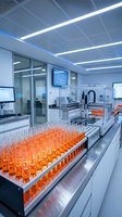 Modern pharmaceutical laboratory with automated equipment and orange test tubes for drug development and medical research applications.