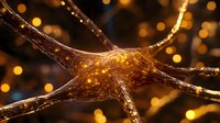 Glowing neuron cell with synaptic connections on dark background with bokeh lights, showing neural network activity in brain. Scientific medical concept.