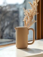 Minimalist beige ceramic pitcher with dried pampas grass on white table near window, casting soft shadows in natural daylight. Modern home decor styling.