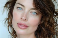 Young Caucasian woman with bright blue eyes, natural makeup, and wavy brown hair looking directly at camera with soft smile against light background. Fresh glowing skin.