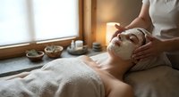 Young Asian woman receiving relaxing facial massage with clay mask at luxury spa wellness center for skincare treatment and stress relief.