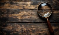 Vintage magnifying glass with wooden handle lying on rustic dark wooden planks background, dramatic lighting creates mysterious detective atmosphere.