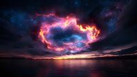 Dramatic cosmic storm clouds with fiery orange and pink nebula formations over calm ocean waters at twilight creating surreal atmospheric landscape scene.