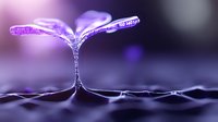 Young plant seedling sprouting from soil with delicate leaves in purple lighting for growth and nature concepts.