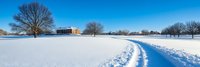 Snow-covered park with winding path leading to neoclassical building under clear blue winter sky, perfect for seasonal marketing and outdoor recreation themes.