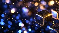Glowing geometric cubes float in dark space with magical bokeh lights and sparkles creating mystical atmosphere for fantasy and technology concepts.