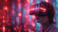 Young woman wearing virtual reality headset in neon-lit environment with red and blue bokeh lights creating futuristic cyberpunk atmosphere for gaming and tech concepts.