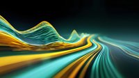 Abstract flowing waves of turquoise and gold light streaking across dark background, creating dynamic motion effect for technology and digital design projects.