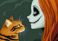 Woman with orange hair and skeletal makeup face interacting with orange tabby cat against dark green background. Suitable for Halloween designs, alternative fashion, character illustration, and creative projects.