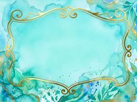 Turquoise watercolor background with ornate gold decorative frame border and botanical leaf elements, suitable for invitations, greeting cards, and design projects.