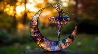 Stained glass ballerina dancing on crescent moon suncatcher with iridescent colors against sunset bokeh background, magical garden decor art piece.