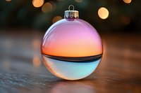 Glass Christmas ball ornament reflecting sunset colors with bokeh lights in background, creating magical holiday atmosphere on wooden surface.