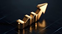 Golden arrow chart showing upward trend on dark background with dramatic lighting, representing business growth and financial success in markets.