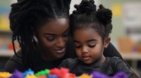 African American mother and daughter sharing tender moment while playing with colorful educational toys in classroom setting, expressing joy and connection.