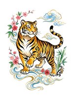 Tiger walking among decorative clouds, pink flowers and bamboo leaves in Asian-inspired artistic style. Isolated clipart suitable for t-shirts, prints and design projects.
