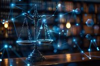 Digital justice concept with glowing blue scales of justice surrounded by network connections, perfect for legal tech and law firm websites.