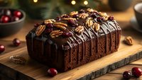 Chocolate loaf cake topped with dark chocolate ganache, decorated with pecans and fresh cranberries on wooden board, festive holiday baking background.