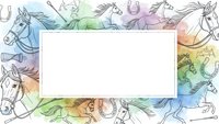 Colorful watercolor horse heads and horseshoes frame border with blank white center space for text or design elements. Equestrian themed decorative layout.