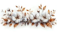 Delicate white cotton flowers with copper leaves arrangement in watercolor style on white background, botanical border composition for wedding stationery and home decor.