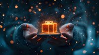 Magical glowing gift box floating between hands against dark background with bokeh lights and sparkles, creating mystical holiday atmosphere.