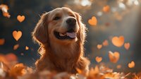 Happy Golden Retriever dog smiling in autumn park with orange heart bokeh lights and falling leaves creating magical mood for seasonal pet photography.