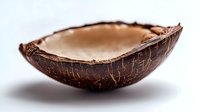 Fresh halved brown coconut shell showing white flesh interior against white background, macro food photography for healthy eating and tropical concepts.