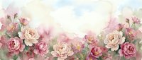 Watercolor floral border with pink and cream roses on soft pastel background for wedding invitations, greeting cards and romantic designs.