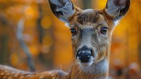 Young deer with alert ears against vibrant autumn forest background, showcasing wildlife in natural fall habitat during golden hour.