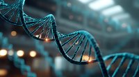 Glowing blue DNA helix structure with bright spots on dark background shows genetic research and biotechnology concept for science presentations.
