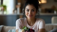 Young mixed race woman with curly hair smiling while holding fresh bowl of healthy food with berries and greens, sitting relaxed on couch at home.