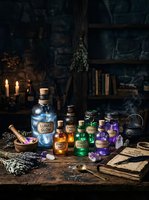 Witchcraft potion bottles with glowing liquids arranged on wooden table with candles, herbs, spell books and mystical accessories for occult rituals and dark magic practices.