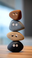 Stack of four balanced stones with cartoon eyes showing different expressions, creating playful characters against soft background. For decoration or wellness concept.