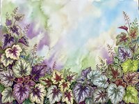 Watercolor floral border with purple and white flowers, green foliage, and soft pastel sky gradient background. Suitable for invitations, cards, and design projects.