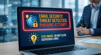 Email security threat detected phishing attempt warning on laptop screen with cybersecurity alert message and protective shield icon in modern office.