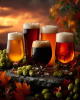 Assortment of craft beer glasses with foam heads on stone surface, surrounded by autumn leaves and fresh hops against sunset backdrop.
