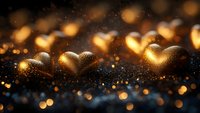 Golden heart shapes with glowing sparkles and bokeh effects on dark background, romantic holiday atmosphere with magical light particles and glitter.