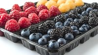 Fresh assorted berries in plastic container including raspberries, blackberries, blueberries and golden raspberries arranged in rows, macro food photography.