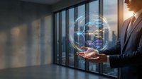Businessman holding holographic globe with digital network connections in modern office environment for technology and global business concepts.