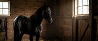 Majestic black horse standing in rustic wooden stable with natural sunlight streaming through windows creating dramatic atmosphere for equestrian themes.