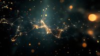 Glowing neural network connections with golden light particles floating in dark space, abstract technology and artificial intelligence concept background.