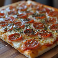 Fresh homemade pizza with melted mozzarella, sliced tomatoes and aromatic herbs on wooden cutting board, close up view showing crispy crust and bubbling cheese.