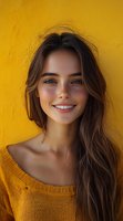 Young woman with radiant smile wearing yellow sweater against vibrant yellow wall background, natural makeup and long brown hair creating warm autumn mood.