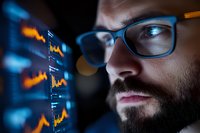 Bearded man in glasses analyzing financial market data on digital screen with glowing orange trading charts in dark office environment.