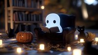 Cute ghost reading book in cozy armchair surrounded by glowing candles, black cat and carved pumpkin on autumn evening with fallen leaves, spooky Halloween atmosphere.