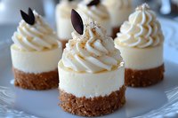 Mini vanilla cheesecakes with whipped cream topping and chocolate garnish on cookie crust base, served on white plate. Elegant dessert for special occasions.