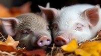 Two adorable piglets sleeping together in hay nest with autumn leaves, close up view of pink snouts and peaceful expressions, farm animal portrait.